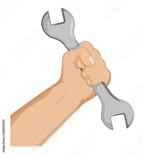 Mans hand clenches huge wrench in fist. Hard work, working professions. Labor Day. Isolated vector on white background