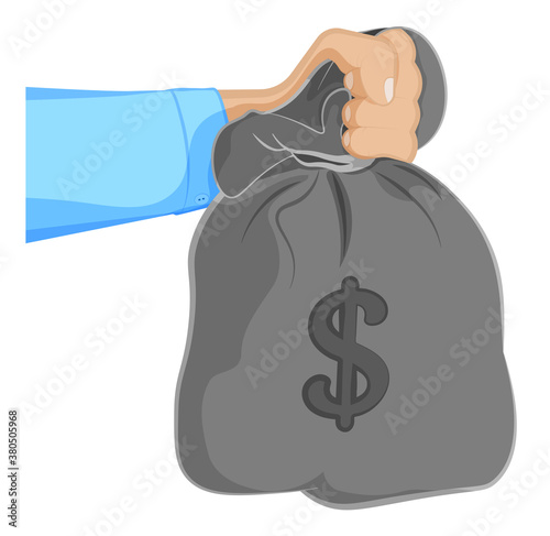 man holds in hand bag of money. Issuance of loan, repayment of debt to bank, economic offenses. Cartoon vector on white