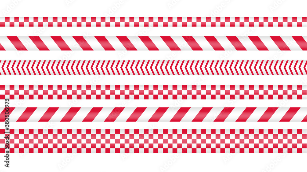 Police tape, crime danger line. Caution police lines isolated. Warning barricade tapes. Set of red warning ribbons. Vector illustration.
