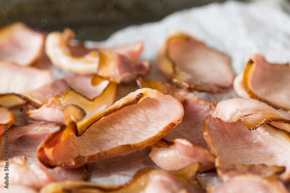 Dry cured back bacon rashers, grilled Dry cured back bacon rashers, grilled