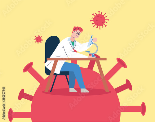 male scientific with microscope research vaccine of covid19