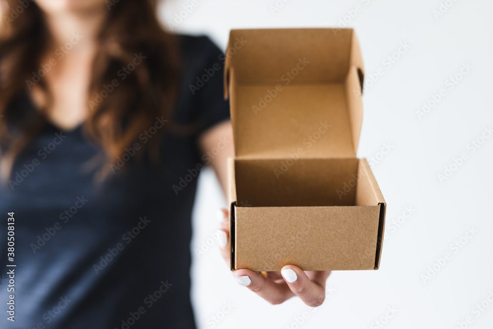 home deliveries and online shopping, woman holding delivery parcel towards the camera shot at shallow depth of field home deliveries and online shopping, woman holding delivery parcel towards the camera shot at shallow depth of field