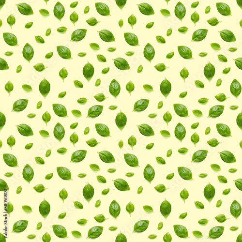 Italian Basil leaf herb seamless pattern on yellow background, Creative seamless pattern made from fresh green basil flat lay layout.