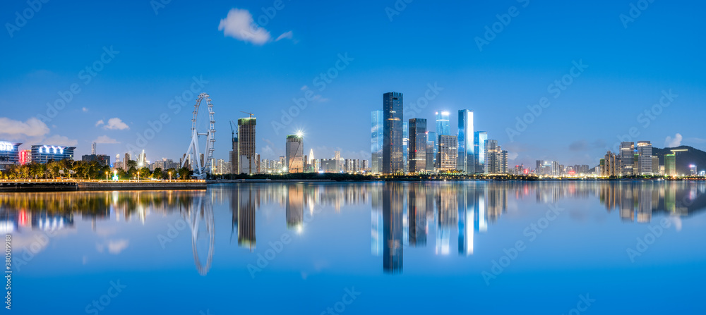 The bustling night view of Qianhai Free Trade Zone in Shenzhen, Guangdong, China