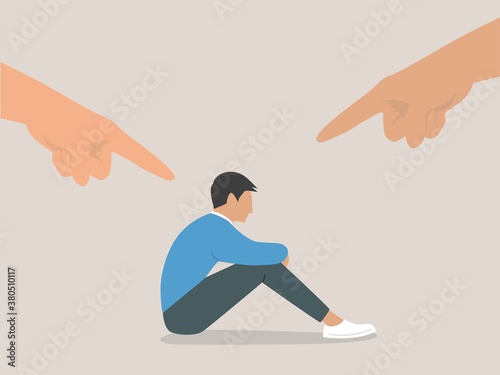 Bullying, Pointing finger, Hate, Sad male character hugging their knees, Aggression