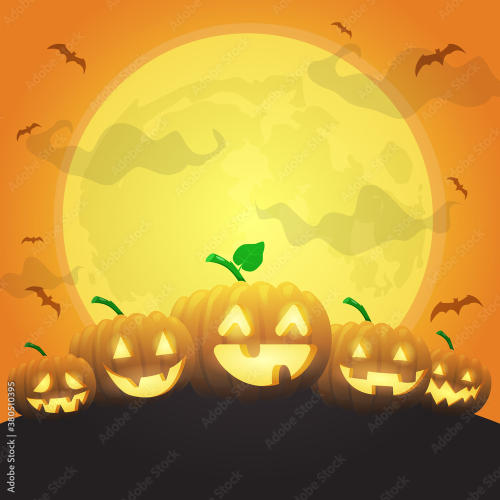 Fototapeta premium halloween pumpkins under big moon, can be used for background halloween holiday, vector illustration