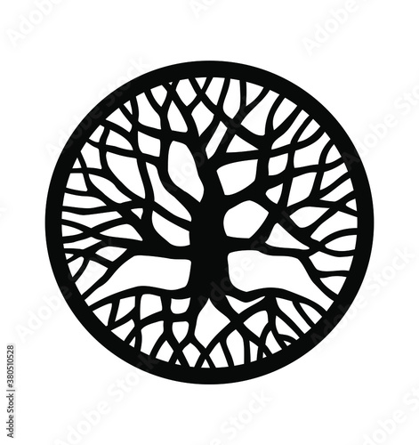 Vector black round tree with roots and branches outline silhouette drawing illustration isolated on white background.Tree of Life.Family tree logo icon sign design in circle.Tattoo.Sticker.Print decor