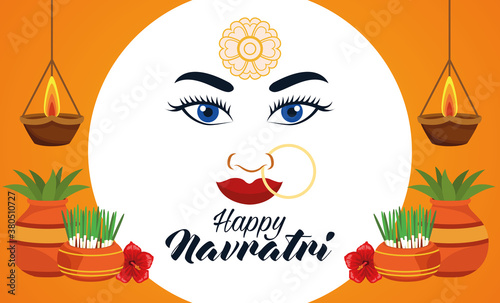 happy navratri celebration card with beautiful goddess face and houseplants