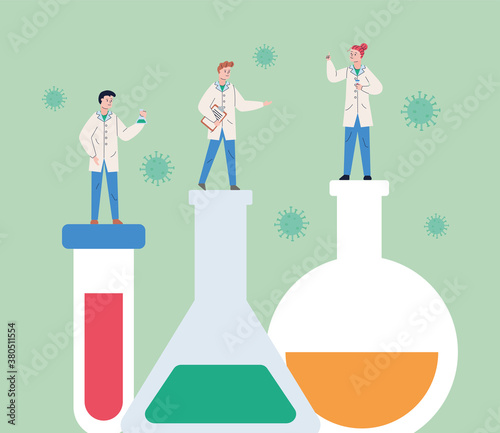 group of scientifics with tubes test research vaccine