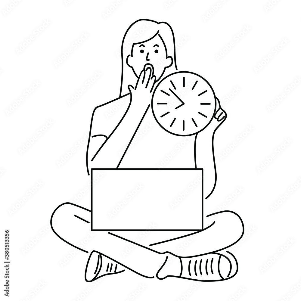 Shock woman hold the laptop and clock