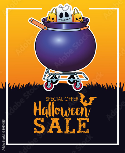 halloween sale seasonal poster with shopping bags in cauldron cart