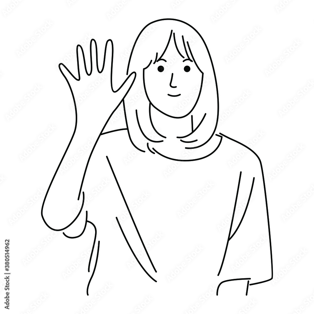 Woman hello gesture, line art vector illustration Stock Vector | Adobe ...