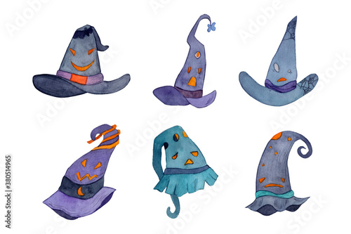 Witch's hats watercolor illustration. Wizard accessories elements. Purple, dark objects. 