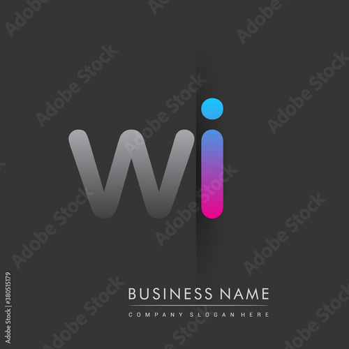 initial logo WI lowercase letter colored grey and blue, pink, creative logotype concept.