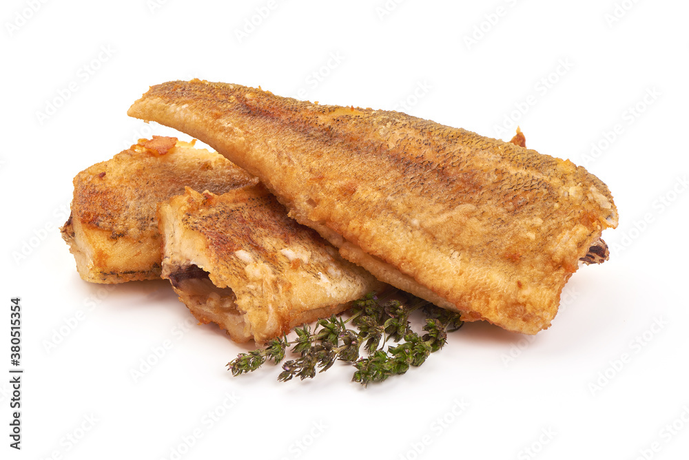 Fried perch fillet, isolated on white background Fried perch fillet, isolated on white background