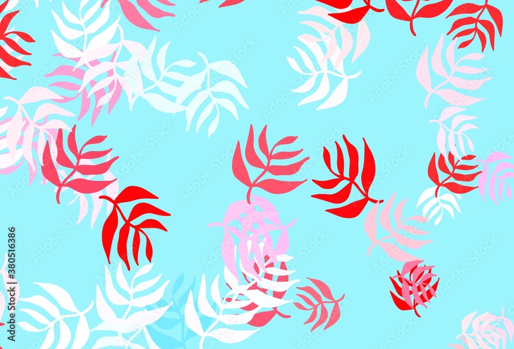 Light Blue, Red vector doodle template with leaves.