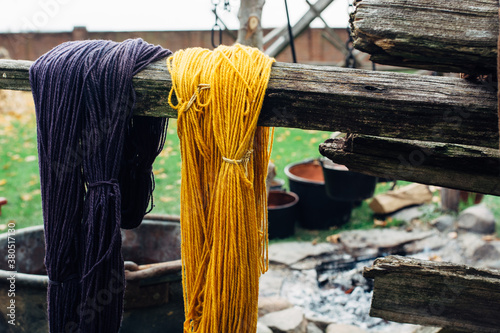 Purlpe and yellow dyed wool drying on a fence