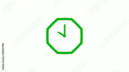 New green color 12 hours counting down clock icon on white background,clock isolated without trick