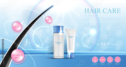 Hair care products, prevent split ends serum shampoo, cosmetics concept, vector illustration.