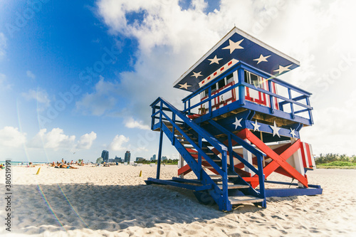 Lifeguard hut with United States flag decoration in South Beach, Miami photo