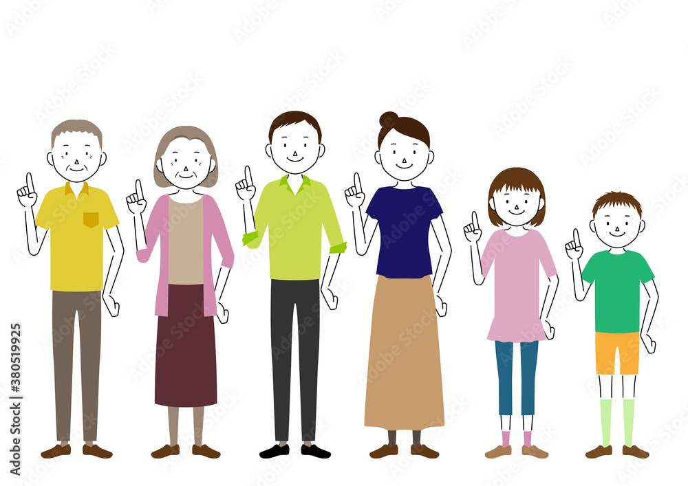 Illustration of a three generation family (grandfather, grandmother, father, mother, girl, boy set) Pointing pose Illustration of a three generation family (grandfather, grandmother, father, mother, girl, boy set) Pointing pose
