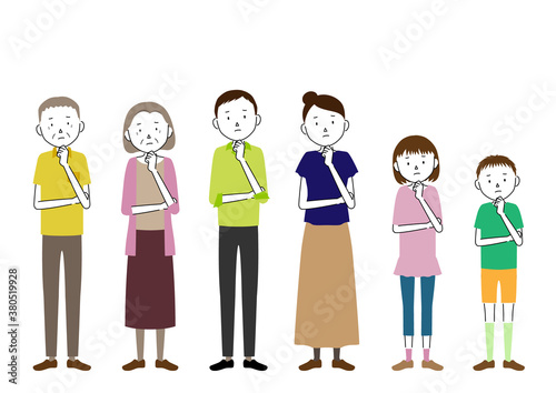 Illustration of a three generation family (grandfather, grandmother, father, mother, girl, boy set) Pose to bend the neck