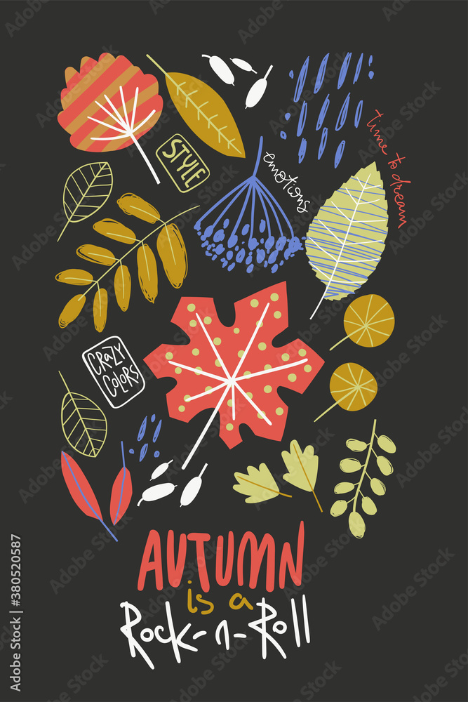 Autumn background with leaves, rain and lettering.