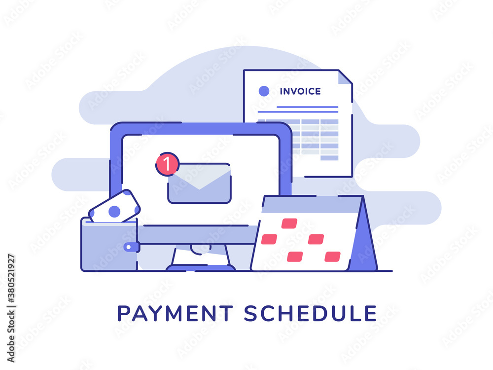 Payment schedule email notification on display computer monitor calendar money wallet invoice with flat outline style Payment schedule email notification on display computer monitor calendar money wallet invoice with flat outline style