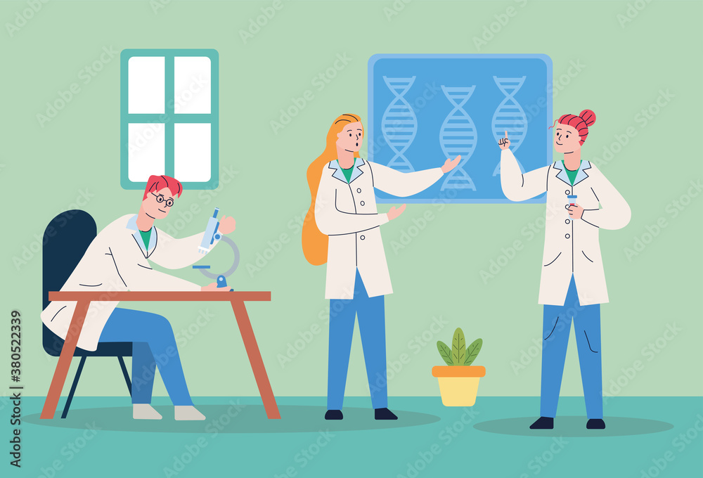 group of scientifics with microscope research vaccine scene group of scientifics with microscope research vaccine scene