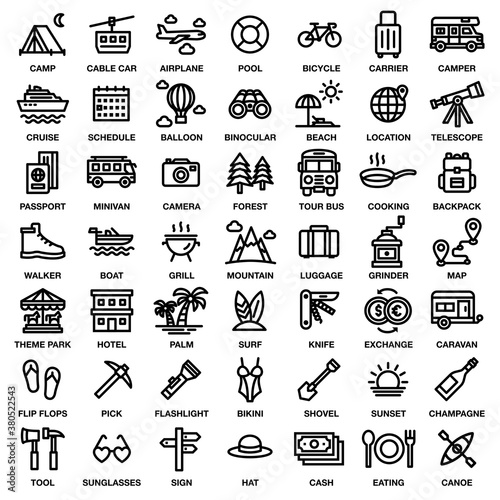 TRAVEL & CAMPING ICON SET [Editable stroke. 48×48 Pixel Perfect.]