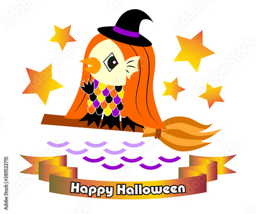 ハロウィン素材 魔女の仮装をしているアマビエ(日本の妖怪) イラスト ベクター