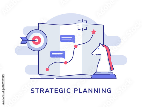 Strategic planning route pointer map background of piece chess horse arrow target with flat outline style