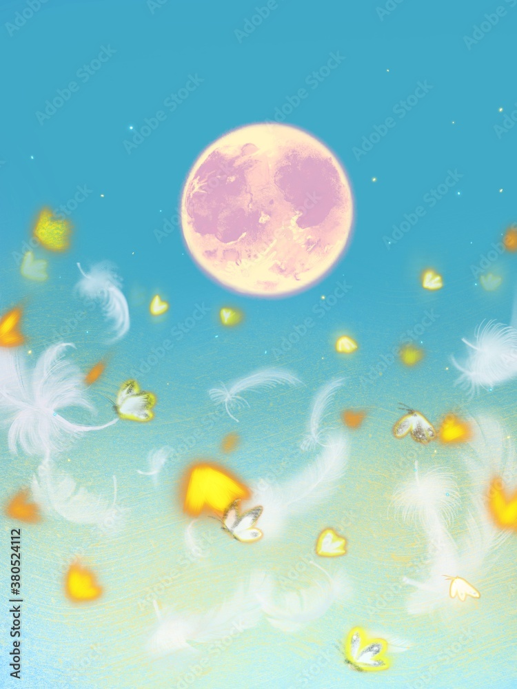Flying orange butterfly and transparent feathers in light blue sky