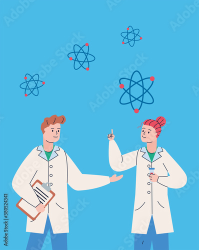 couple scientifics with clipboard and atoms molecule research vaccine