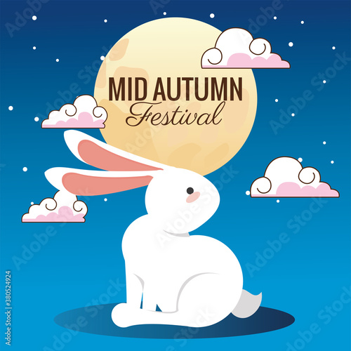 mid autumn celebration card with rabbit and moon scene