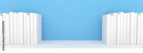 3D Scene banner Books placed on a white bookshelf on a blue background / 3D Render