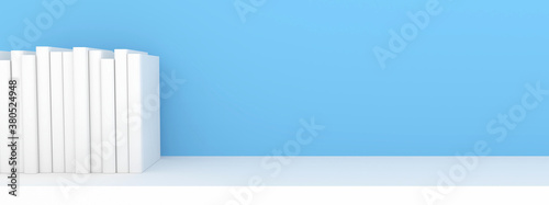 3D Scene banner Books placed on a white bookshelf on a blue background / 3D Render