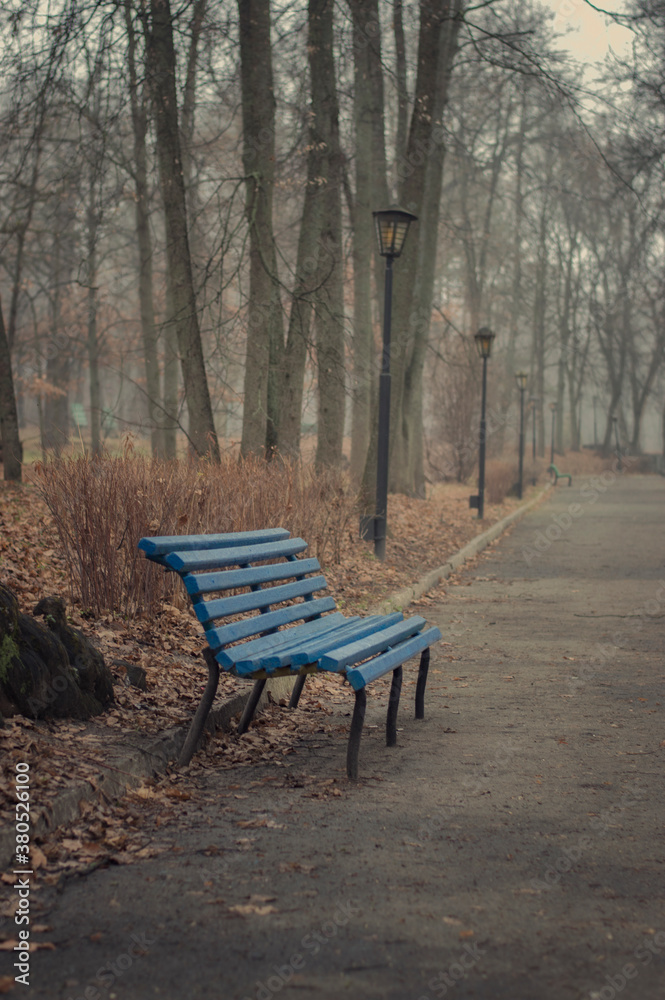 Landscape. Photo of a Park bench on a foggy morning.