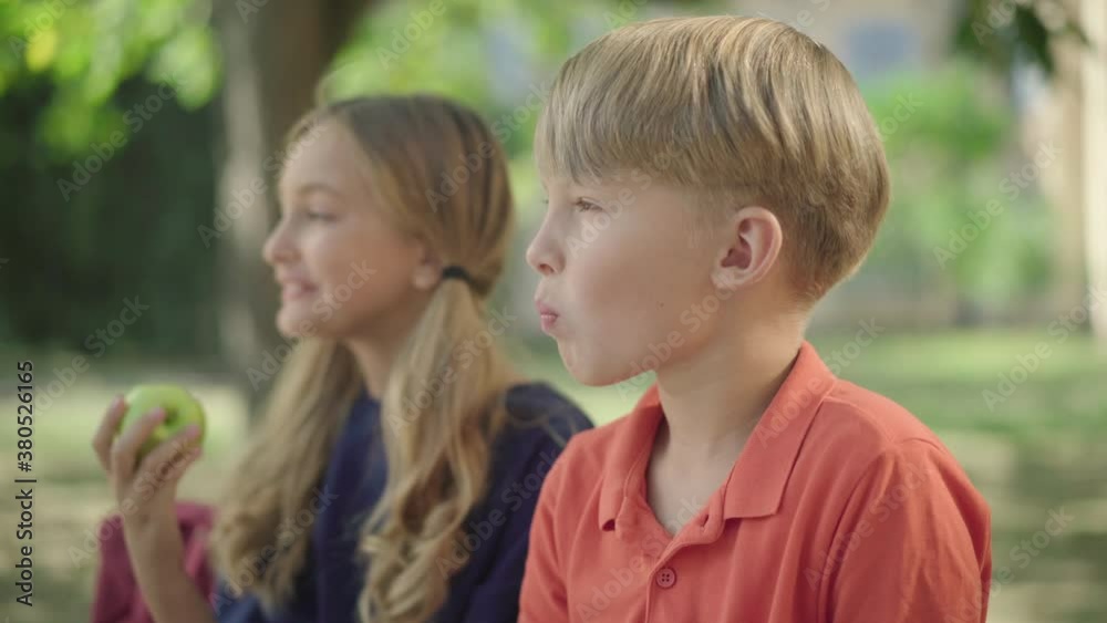 Side view of relaxed schoolboy eating green apple as blurred schoolgirl chewing fruit at the background. Carefree Caucasian schoolchildren enjoying break outdoors on schoolyard. Side view of relaxed schoolboy eating green apple as blurred schoolgirl chewing fruit at the background. Carefree Caucasian schoolchildren enjoying break outdoors on schoolyard.