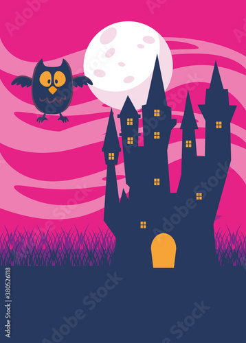 halloween dark haunted castle and owl in the night scene
