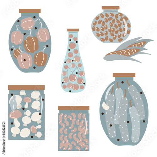 Autumn harvesting and canning. Jars of various shapes with pickled and canned vegetables. Cucumbers, tomatoes, beans, peppers, corn and mushrooms. Vector flat illustration with vegetables and banks.