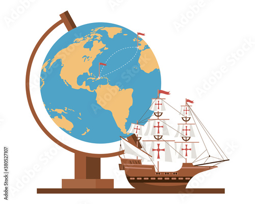 world earth map with caravel ship