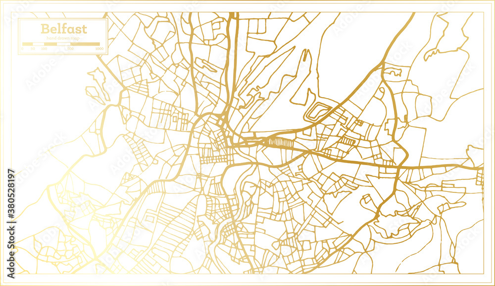 Belfast Ireland City Map in Retro Style in Golden Color. Outline Map.