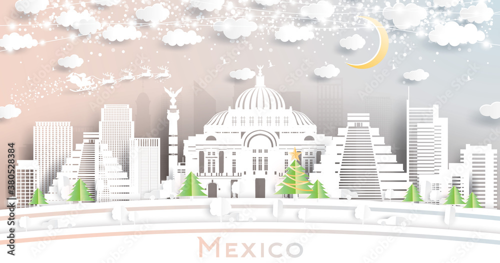 Mexico City Skyline in Paper Cut Style with Snowflakes, Moon and Neon Garland.