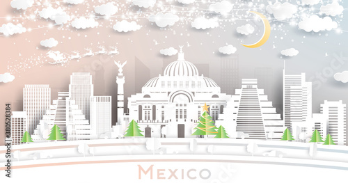 Mexico City Skyline in Paper Cut Style with Snowflakes, Moon and Neon Garland.