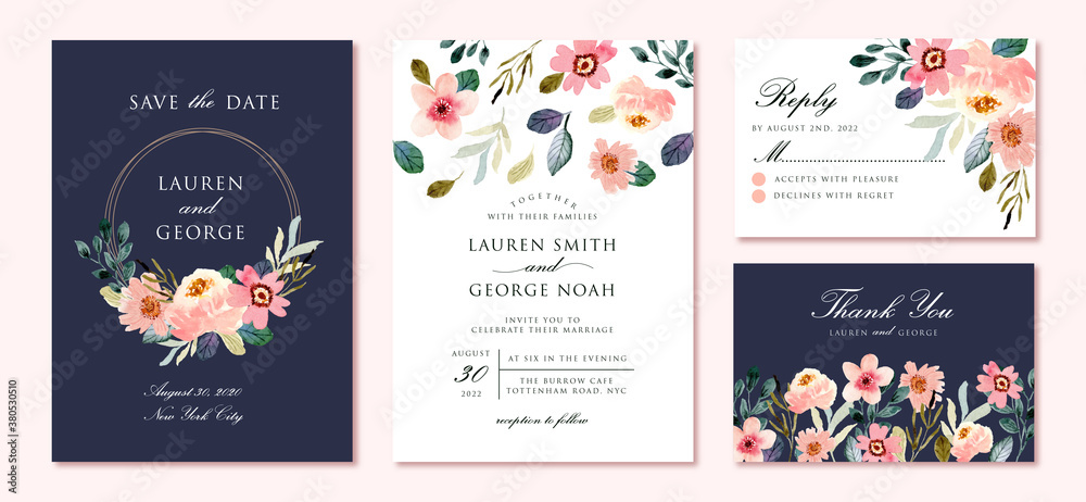 wedding invitation suite with beautiful flower garden watercolor