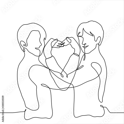 two friends folded their arms (forearms) in the shape of a heart. one continuous line drawing two people looking at the viewer smiling and showing a "big heart" hand gesture