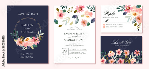 wedding invitation suite with beautiful flower garden watercolor