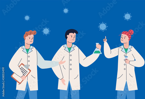 group of scientifics with clipboard and covid19 particles research vaccine
