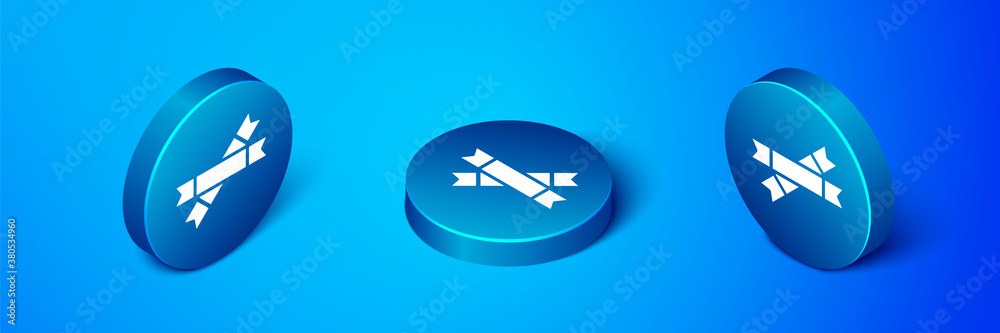 Isometric Sugar stick packets icon isolated on blue background. Blank individual package for bulk food products as coffee, salt, spices. Blue circle button. Vector Illustration.